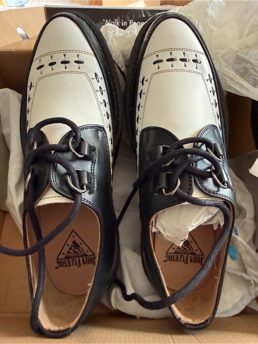 John Fluevog Black and White Two-Tone Lace-Up Oxfords “ Strummer” Creeper.